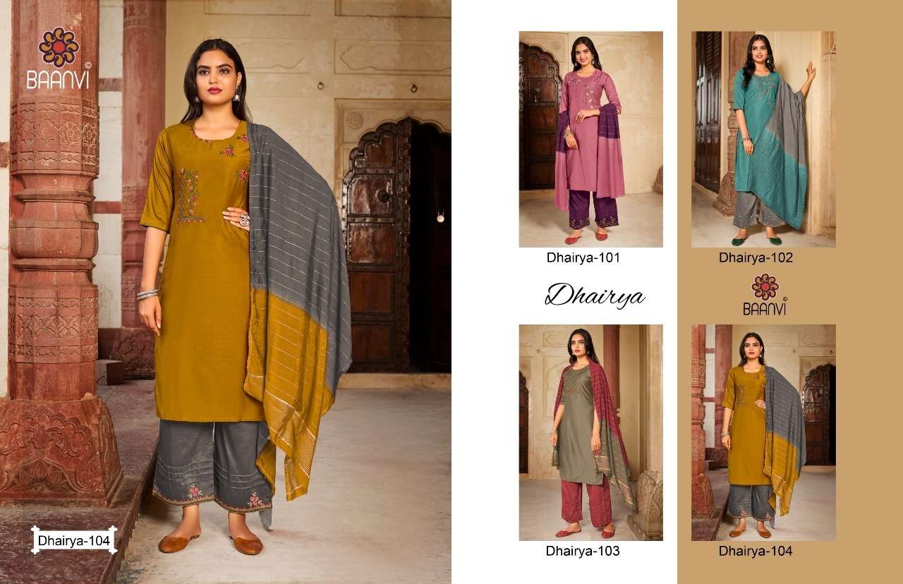 DHAIRYA BY BAANVI 101 TO 104 SERIES BEAUTIFUL SUITS COLORFUL STYLISH FANCY CASUAL WEAR & ETHNIC WEAR CHINNON SILK WITH WORK DRESSES AT WHOLESALE PRICE