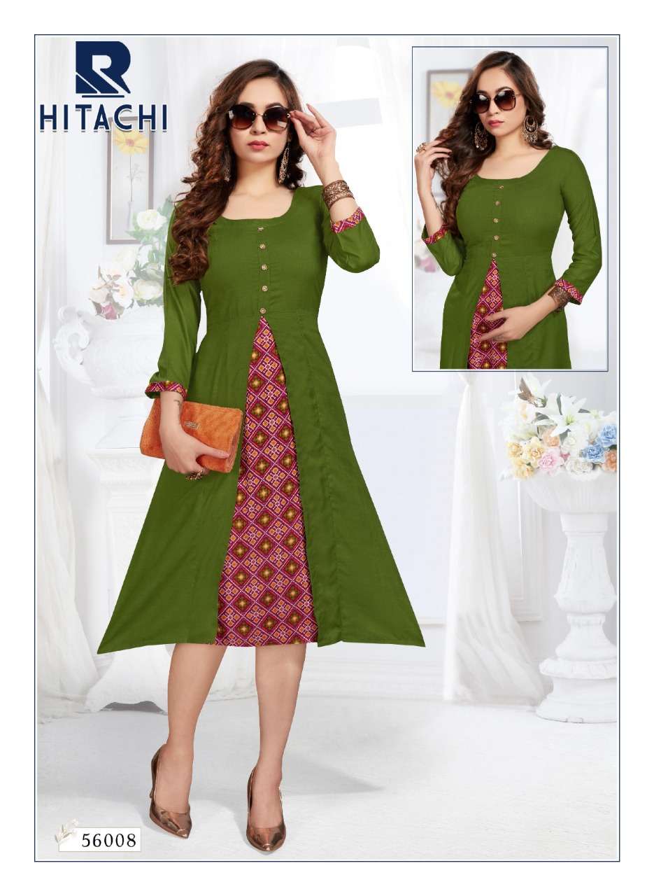 HITACHI BY RAASHI 56001 TO 56008 SERIES DESIGNER STYLISH FANCY COLORFUL BEAUTIFUL PARTY WEAR & ETHNIC WEAR COLLECTION RAYON SLUB KURTIS AT WHOLESALE PRICE