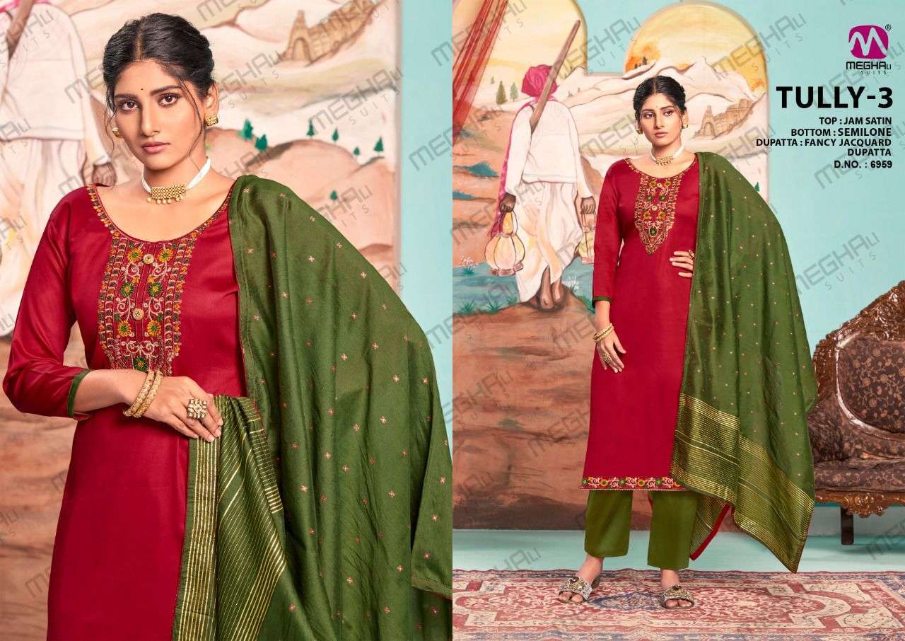 TULLY VOL-3 BY MEGHALI SUITS 6957 TO 6962 SERIES BEAUTIFUL SUITS COLORFUL STYLISH FANCY CASUAL WEAR & ETHNIC WEAR JAM SATIN DRESSES AT WHOLESALE PRICE