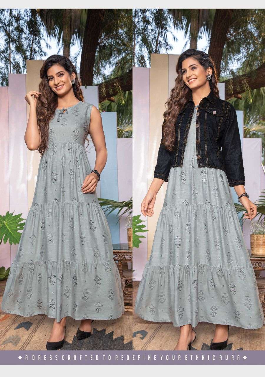 DENIM JACKET BY YOU 101 TO 106 SERIES BEAUTIFUL STYLISH FANCY COLORFUL CASUAL WEAR & ETHNIC WEAR RAYON GOWNS AT WHOLESALE PRICE
