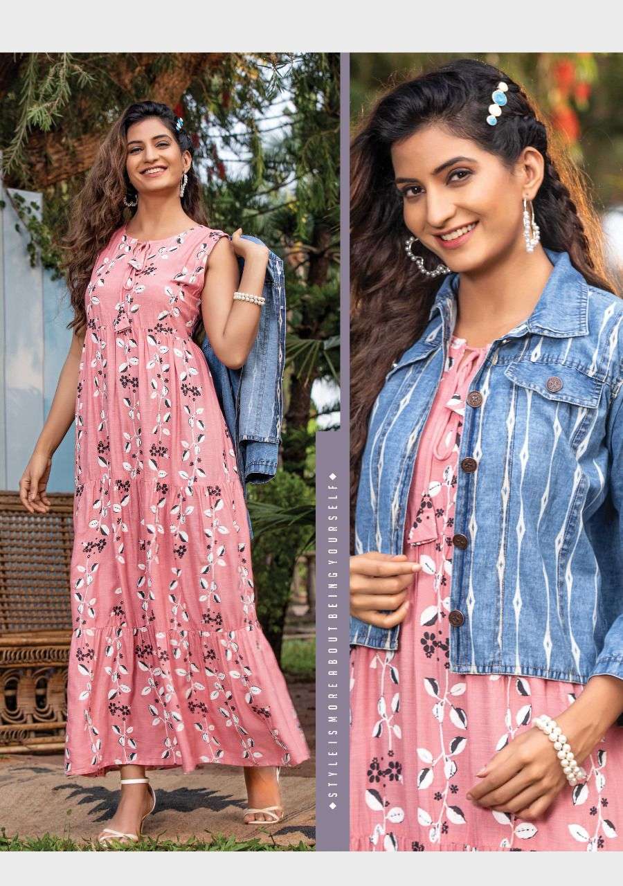 DENIM JACKET BY YOU 101 TO 106 SERIES BEAUTIFUL STYLISH FANCY COLORFUL CASUAL WEAR & ETHNIC WEAR RAYON GOWNS AT WHOLESALE PRICE