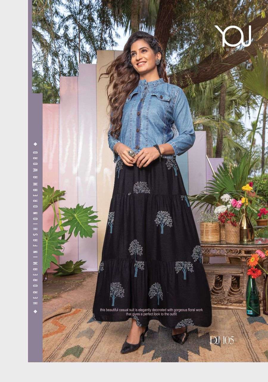 DENIM JACKET BY YOU 101 TO 106 SERIES BEAUTIFUL STYLISH FANCY COLORFUL CASUAL WEAR & ETHNIC WEAR RAYON GOWNS AT WHOLESALE PRICE