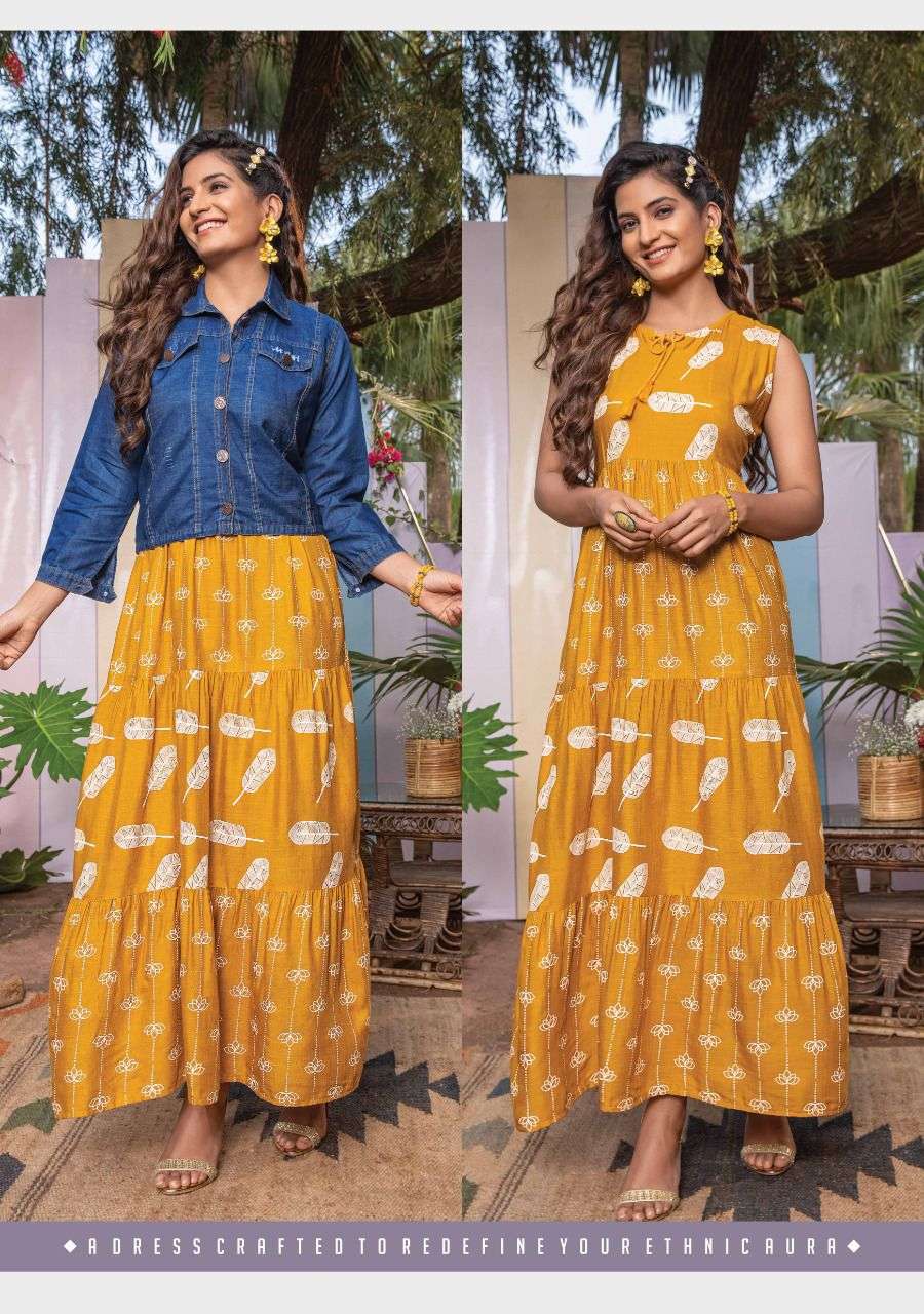 DENIM JACKET BY YOU 101 TO 106 SERIES BEAUTIFUL STYLISH FANCY COLORFUL CASUAL WEAR & ETHNIC WEAR RAYON GOWNS AT WHOLESALE PRICE