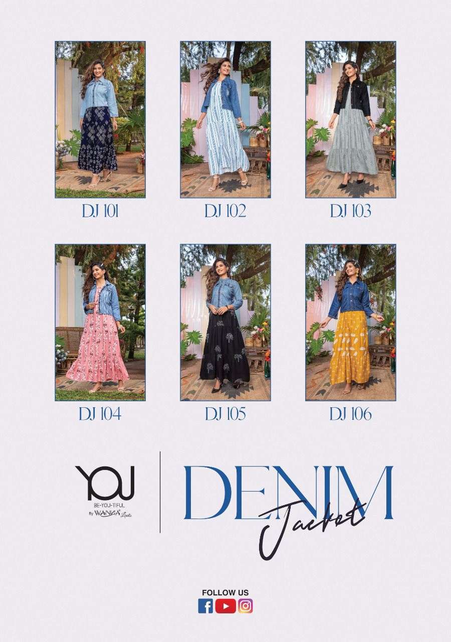 DENIM JACKET BY YOU 101 TO 106 SERIES BEAUTIFUL STYLISH FANCY COLORFUL CASUAL WEAR & ETHNIC WEAR RAYON GOWNS AT WHOLESALE PRICE