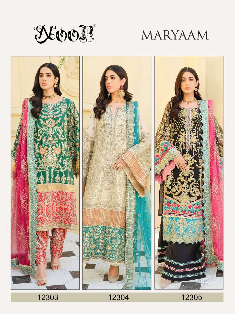 MARYAAM BY NOOR 12303 TO 12305 SERIES DESIGNER PAKISTANI SUITS BEAUTIFUL FANCY STYLISH COLORFUL PARTY WEAR & OCCASIONAL WEAR GEORGETTE WITH EMBROIDERY DRESSES AT WHOLESALE PRICE