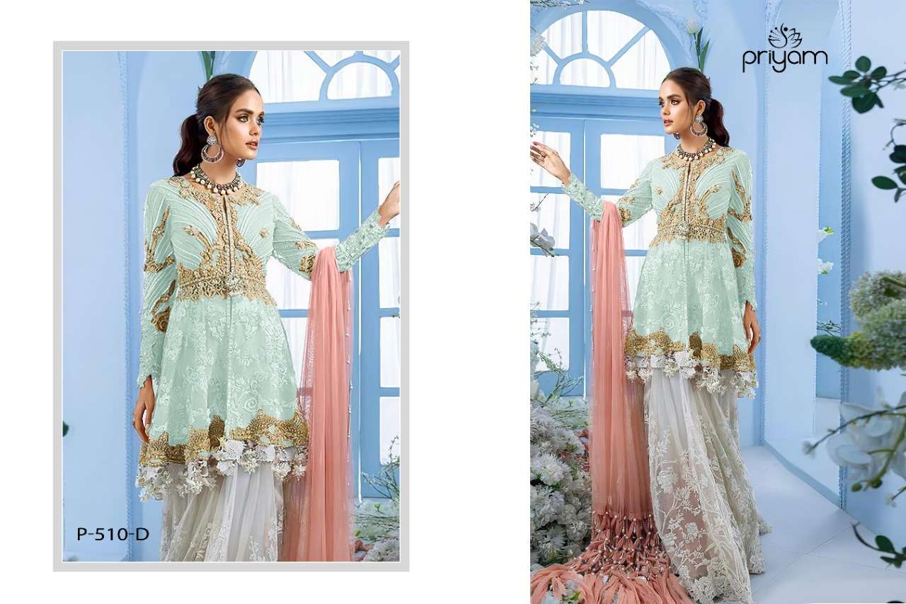 ZAINA BY PRIYAM 510-A TO 510-C SERIES PAKISTANI SUITS BEAUTIFUL STYLISH FANCY COLORFUL PARTY WEAR & OCCASIONAL WEAR FAUX GEORGETTE EMBROIDERED DRESSES AT WHOLESALE PRICE