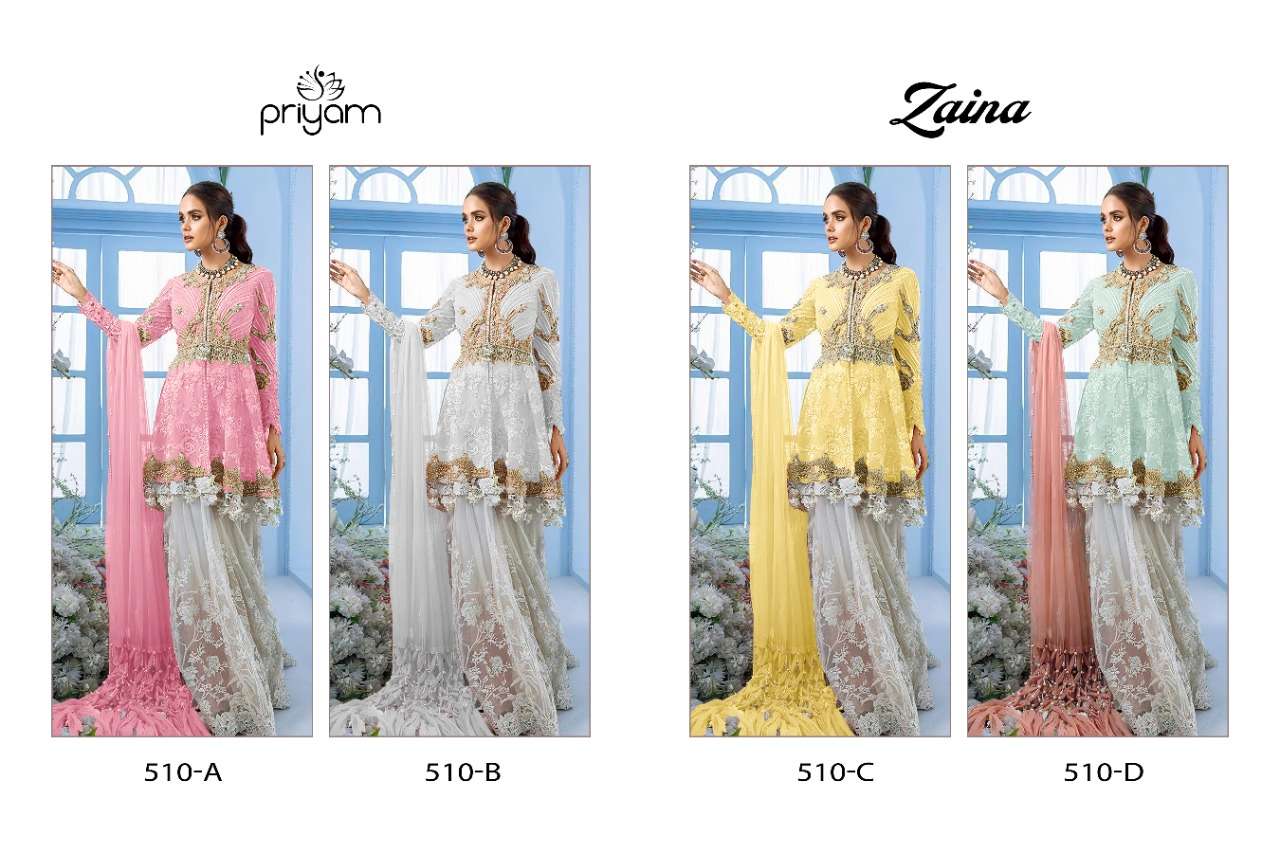 ZAINA BY PRIYAM 510-A TO 510-C SERIES PAKISTANI SUITS BEAUTIFUL STYLISH FANCY COLORFUL PARTY WEAR & OCCASIONAL WEAR FAUX GEORGETTE EMBROIDERED DRESSES AT WHOLESALE PRICE