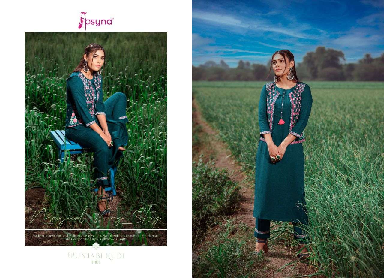 PUNJABI KUDI BY PSYNA 1001 TO 1006 SERIES DESIGNER STYLISH FANCY COLORFUL BEAUTIFUL PARTY WEAR & ETHNIC WEAR COLLECTION RAYON KURTIS WITH BOTTOM AT WHOLESALE PRICE