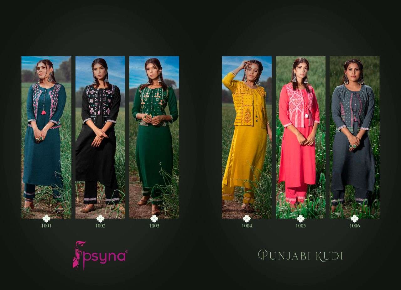 PUNJABI KUDI BY PSYNA 1001 TO 1006 SERIES DESIGNER STYLISH FANCY COLORFUL BEAUTIFUL PARTY WEAR & ETHNIC WEAR COLLECTION RAYON KURTIS WITH BOTTOM AT WHOLESALE PRICE