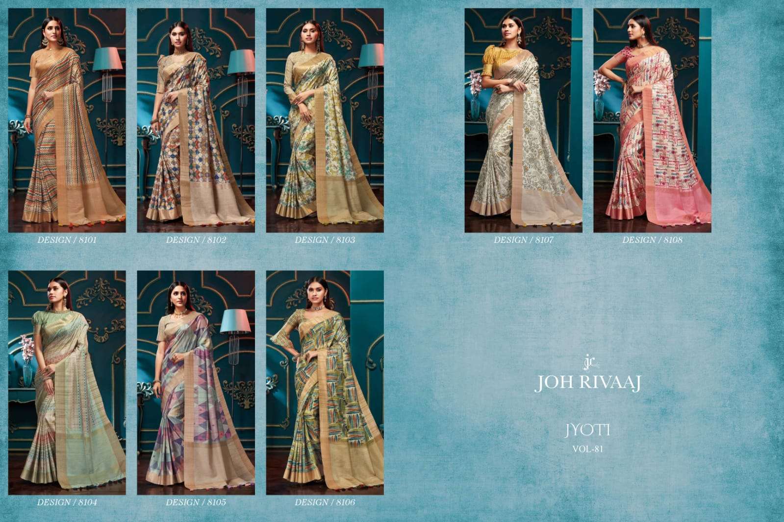 JYOTI BY JOH RIVAAJ 8101 TO 8108 SERIES INDIAN TRADITIONAL WEAR COLLECTION BEAUTIFUL STYLISH FANCY COLORFUL PARTY WEAR & OCCASIONAL WEAR FANCY SAREES AT WHOLESALE PRICE