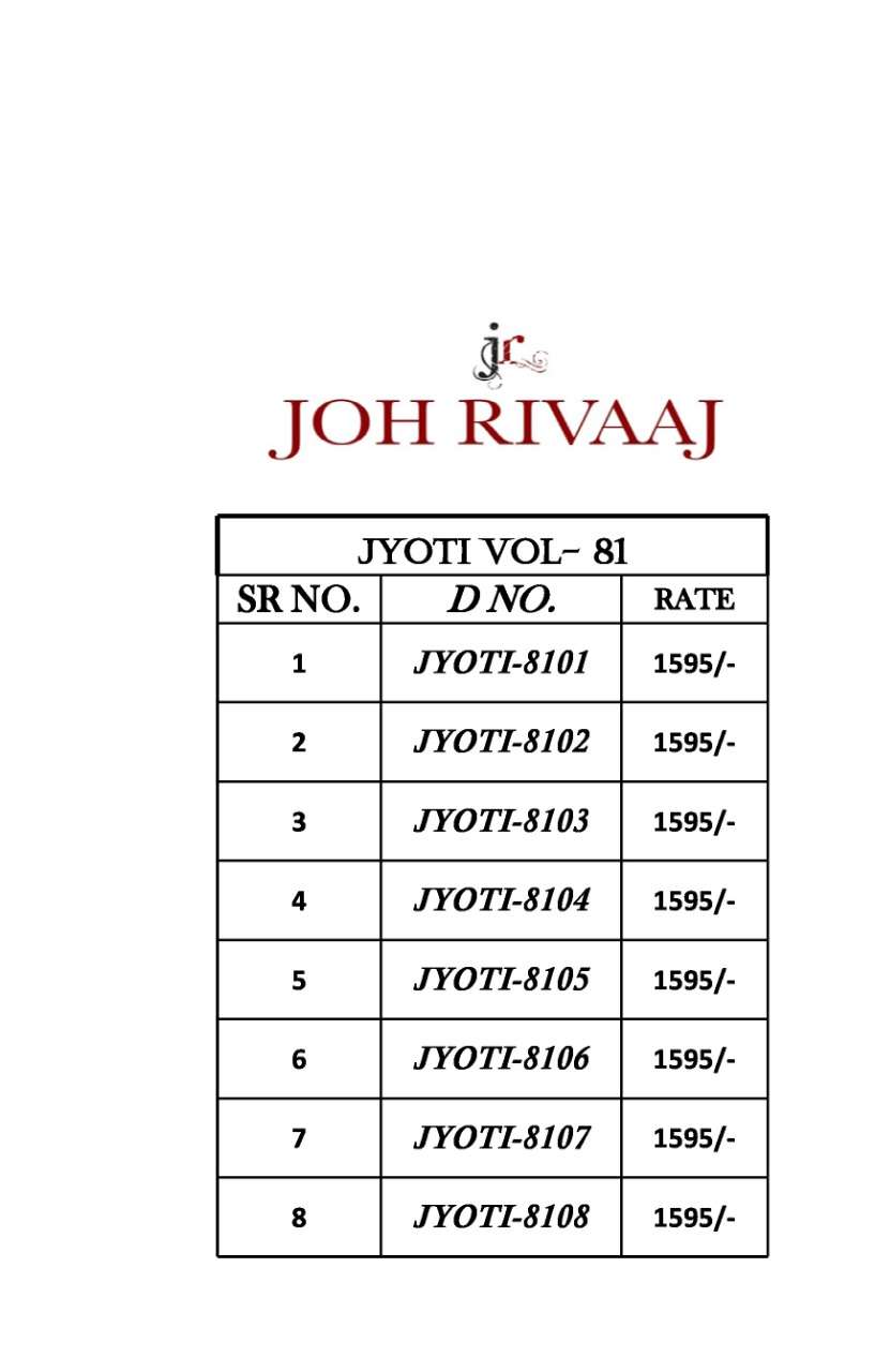 JYOTI BY JOH RIVAAJ 8101 TO 8108 SERIES INDIAN TRADITIONAL WEAR COLLECTION BEAUTIFUL STYLISH FANCY COLORFUL PARTY WEAR & OCCASIONAL WEAR FANCY SAREES AT WHOLESALE PRICE