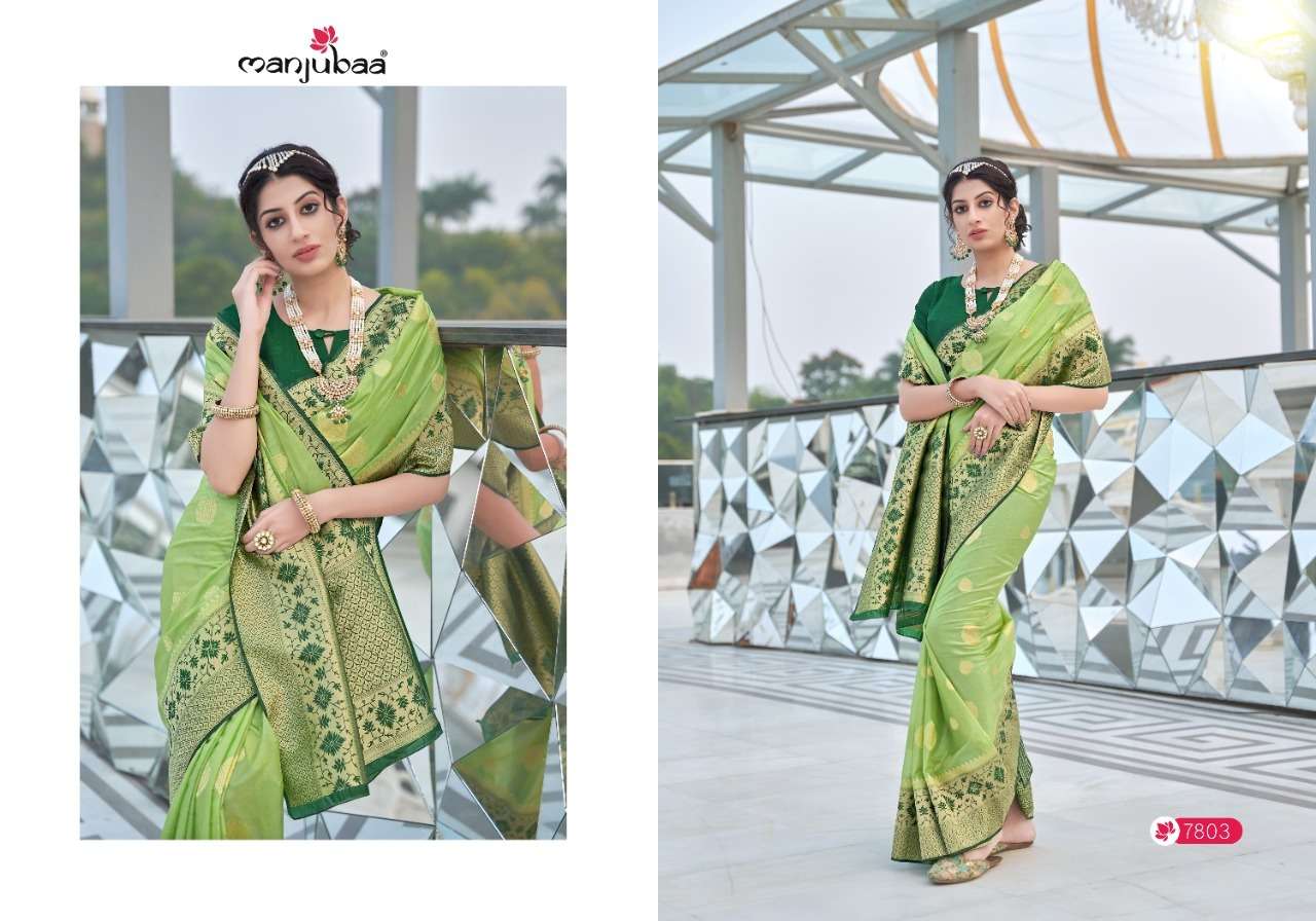 MAHIKA SILK BY MANJUBAA CLOTHING 7801 TO 7806 SERIES INDIAN TRADITIONAL WEAR COLLECTION BEAUTIFUL STYLISH FANCY COLORFUL PARTY WEAR & OCCASIONAL WEAR ORGANZA SAREES AT WHOLESALE PRICE
