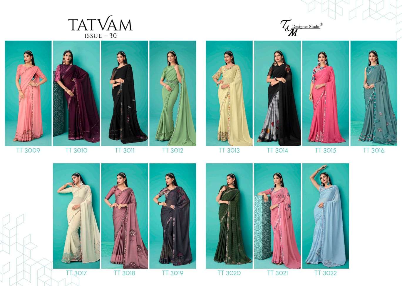 TATVAM VOL-30 BY T AND M DESIGNER STUDIO 3009 TO 3022 SERIES BEAUTIFUL SUITS COLORFUL STYLISH FANCY CASUAL WEAR & ETHNIC WEAR FANCY DRESSES AT WHOLESALE PRICE