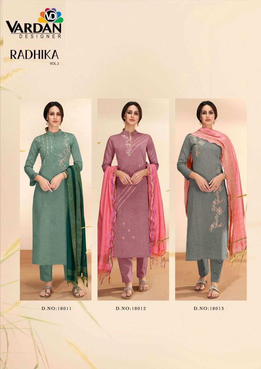 Radhika Vol-2 By Vardan Designer 1011 To 1013 Series Beautiful Suits Colorful Stylish Fancy Casual Wear & Ethnic Wear Cotton Embroidered Dresses At Wholesale Price