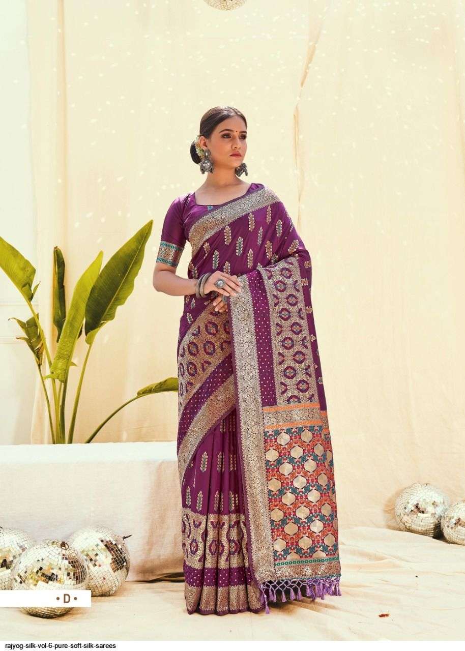 RAJYOG SILK VOL-6 BY SHANGRILA A TO F SERIES INDIAN TRADITIONAL WEAR COLLECTION BEAUTIFUL STYLISH FANCY COLORFUL PARTY WEAR & OCCASIONAL WEAR SOFT SILK SAREES AT WHOLESALE PRICE