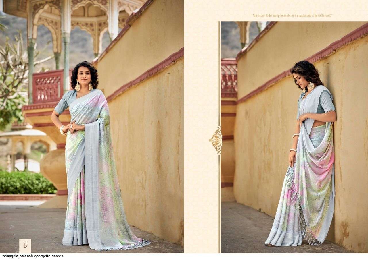PALAASH BY SHANGRILA A TO L SERIES INDIAN TRADITIONAL WEAR COLLECTION BEAUTIFUL STYLISH FANCY COLORFUL PARTY WEAR & OCCASIONAL WEAR SOFT GEORGETTE SAREES AT WHOLESALE PRICE