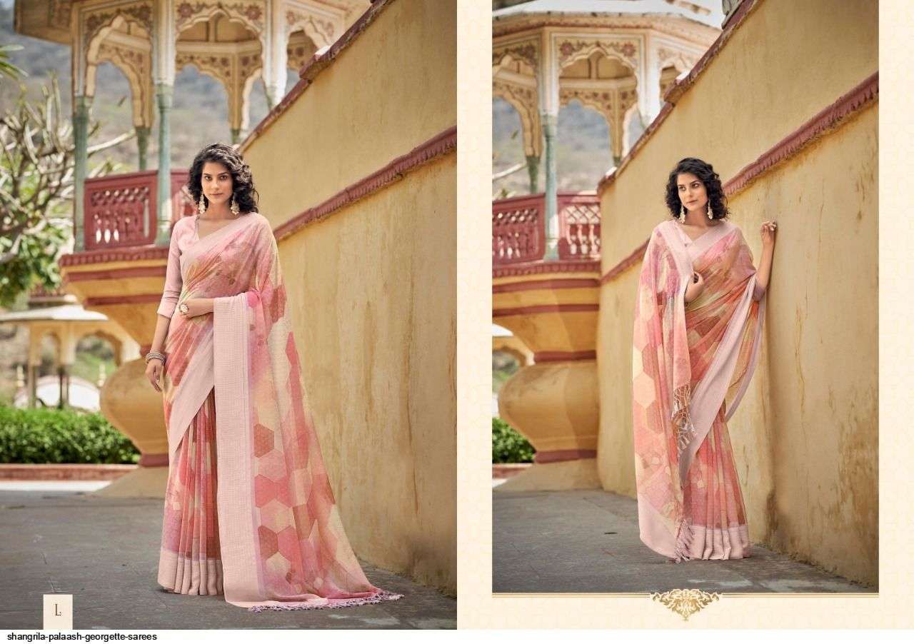 PALAASH BY SHANGRILA A TO L SERIES INDIAN TRADITIONAL WEAR COLLECTION BEAUTIFUL STYLISH FANCY COLORFUL PARTY WEAR & OCCASIONAL WEAR SOFT GEORGETTE SAREES AT WHOLESALE PRICE