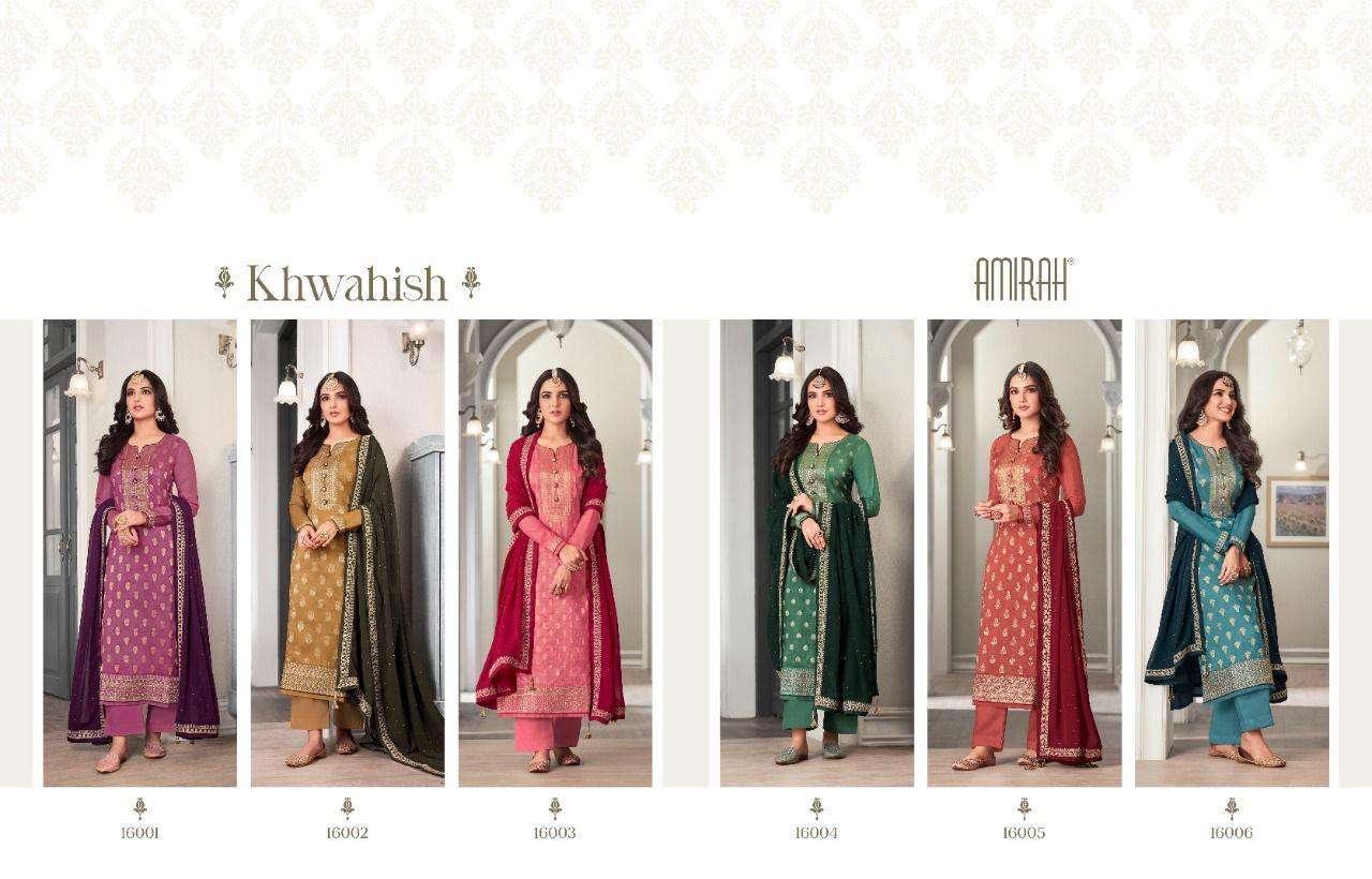KHWAHISH BY AMIRAH 16001 TO 16006 SERIES BEAUTIFUL STYLISH SUITS FANCY COLORFUL CASUAL WEAR & ETHNIC WEAR & READY TO WEAR DOLA SILK JACQUARD DRESSES AT WHOLESALE PRICE