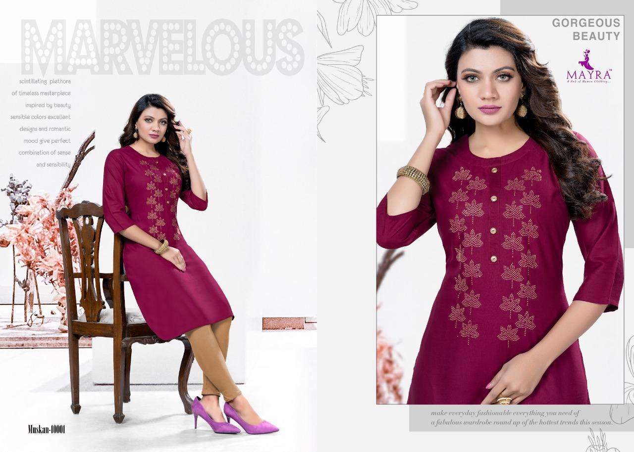 MUSKAN BY MAYRA 10001 TO 10008 SERIES DESIGNER STYLISH FANCY COLORFUL BEAUTIFUL PARTY WEAR & ETHNIC WEAR COLLECTION RAYON WITH WORK KURTIS AT WHOLESALE PRICE