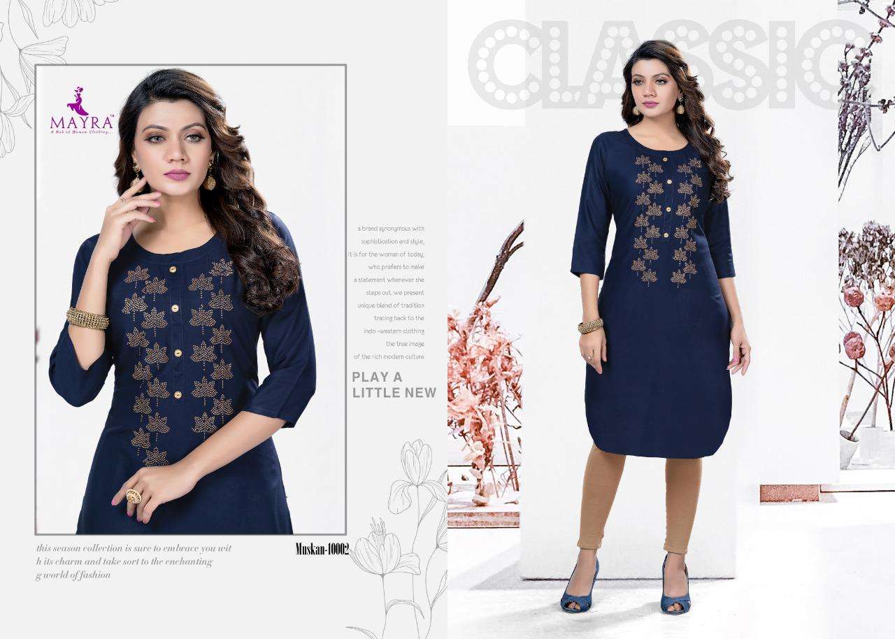 MUSKAN BY MAYRA 10001 TO 10008 SERIES DESIGNER STYLISH FANCY COLORFUL BEAUTIFUL PARTY WEAR & ETHNIC WEAR COLLECTION RAYON WITH WORK KURTIS AT WHOLESALE PRICE