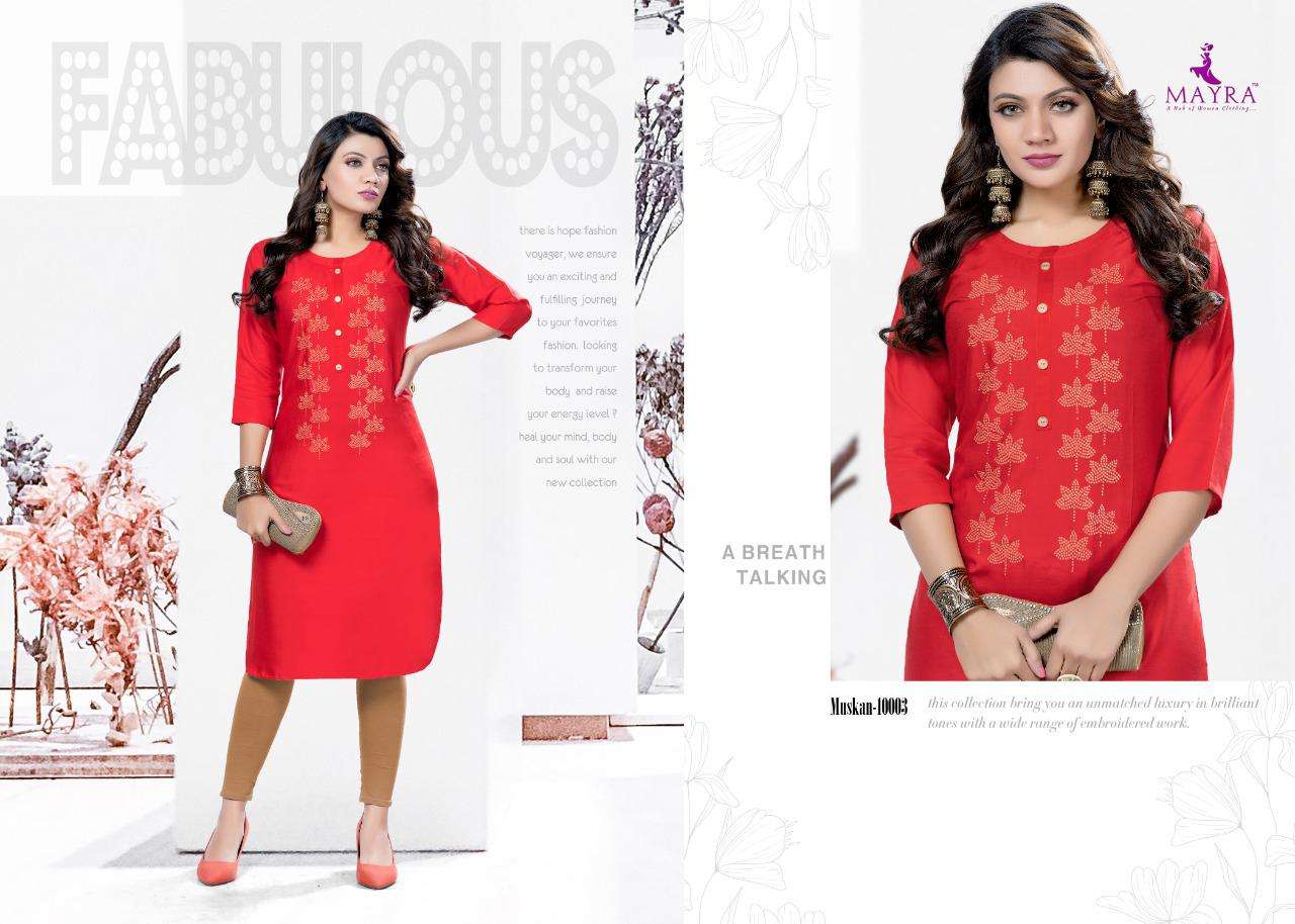 MUSKAN BY MAYRA 10001 TO 10008 SERIES DESIGNER STYLISH FANCY COLORFUL BEAUTIFUL PARTY WEAR & ETHNIC WEAR COLLECTION RAYON WITH WORK KURTIS AT WHOLESALE PRICE