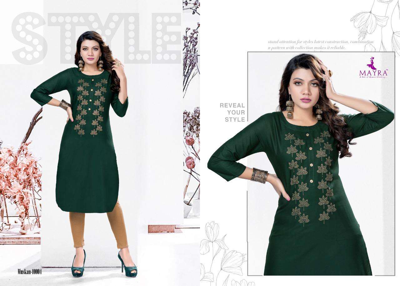 MUSKAN BY MAYRA 10001 TO 10008 SERIES DESIGNER STYLISH FANCY COLORFUL BEAUTIFUL PARTY WEAR & ETHNIC WEAR COLLECTION RAYON WITH WORK KURTIS AT WHOLESALE PRICE
