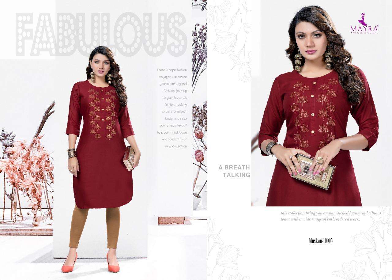 MUSKAN BY MAYRA 10001 TO 10008 SERIES DESIGNER STYLISH FANCY COLORFUL BEAUTIFUL PARTY WEAR & ETHNIC WEAR COLLECTION RAYON WITH WORK KURTIS AT WHOLESALE PRICE