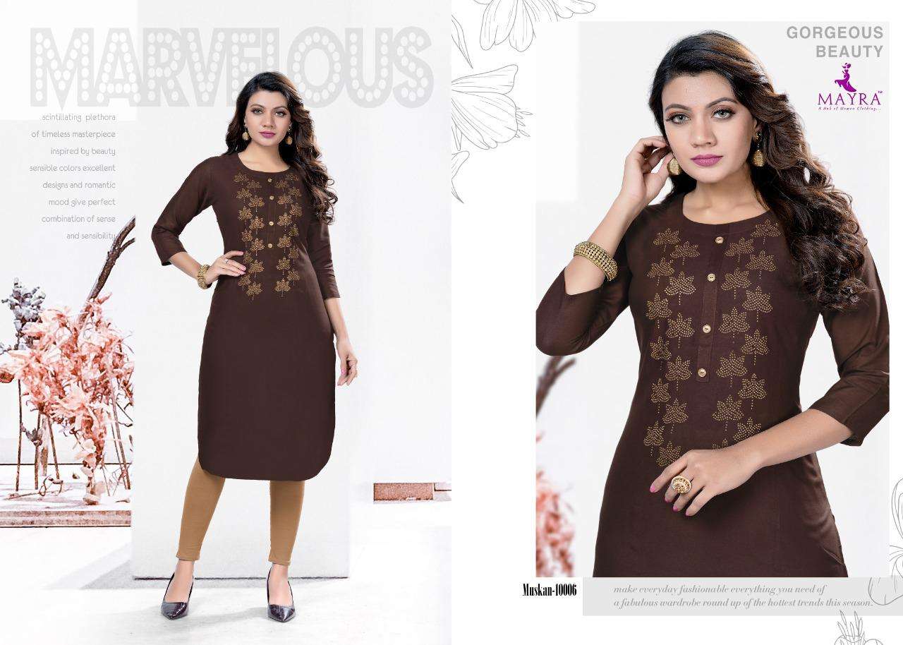 MUSKAN BY MAYRA 10001 TO 10008 SERIES DESIGNER STYLISH FANCY COLORFUL BEAUTIFUL PARTY WEAR & ETHNIC WEAR COLLECTION RAYON WITH WORK KURTIS AT WHOLESALE PRICE