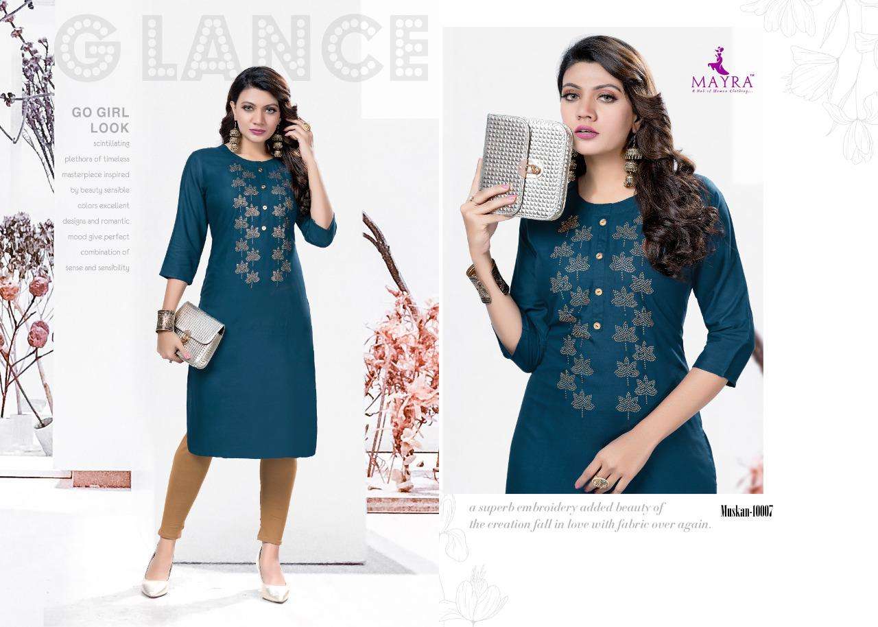MUSKAN BY MAYRA 10001 TO 10008 SERIES DESIGNER STYLISH FANCY COLORFUL BEAUTIFUL PARTY WEAR & ETHNIC WEAR COLLECTION RAYON WITH WORK KURTIS AT WHOLESALE PRICE