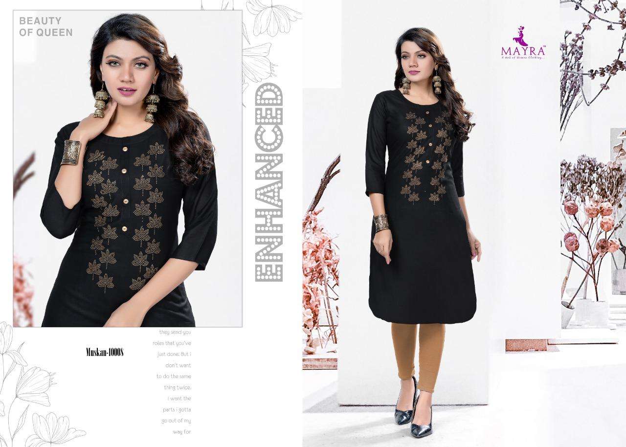 MUSKAN BY MAYRA 10001 TO 10008 SERIES DESIGNER STYLISH FANCY COLORFUL BEAUTIFUL PARTY WEAR & ETHNIC WEAR COLLECTION RAYON WITH WORK KURTIS AT WHOLESALE PRICE