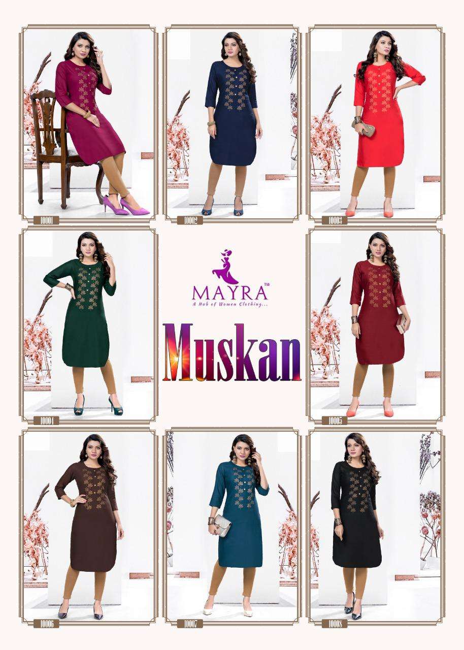 MUSKAN BY MAYRA 10001 TO 10008 SERIES DESIGNER STYLISH FANCY COLORFUL BEAUTIFUL PARTY WEAR & ETHNIC WEAR COLLECTION RAYON WITH WORK KURTIS AT WHOLESALE PRICE