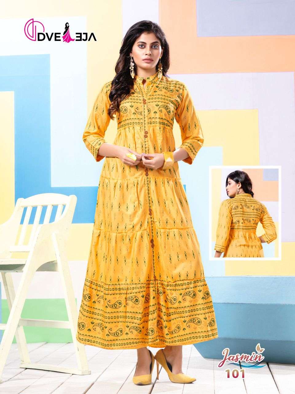 JASMIN BY DVEEJA 101 TO 108 SERIES DESIGNER STYLISH FANCY COLORFUL BEAUTIFUL PARTY WEAR & ETHNIC WEAR COLLECTION HEAVY RAYON KURTIS AT WHOLESALE PRICE