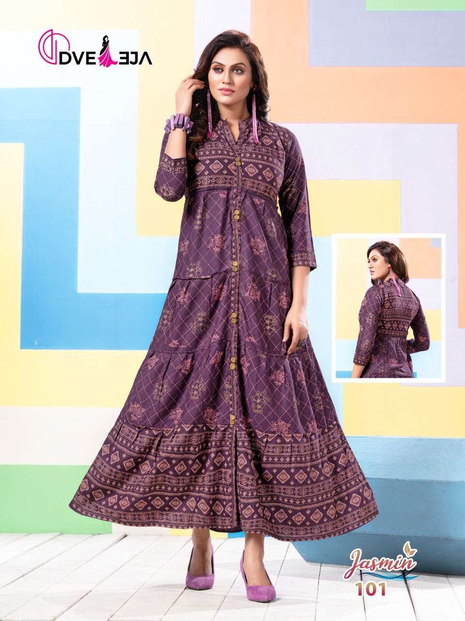 JASMIN BY DVEEJA 101 TO 108 SERIES DESIGNER STYLISH FANCY COLORFUL BEAUTIFUL PARTY WEAR & ETHNIC WEAR COLLECTION HEAVY RAYON KURTIS AT WHOLESALE PRICE