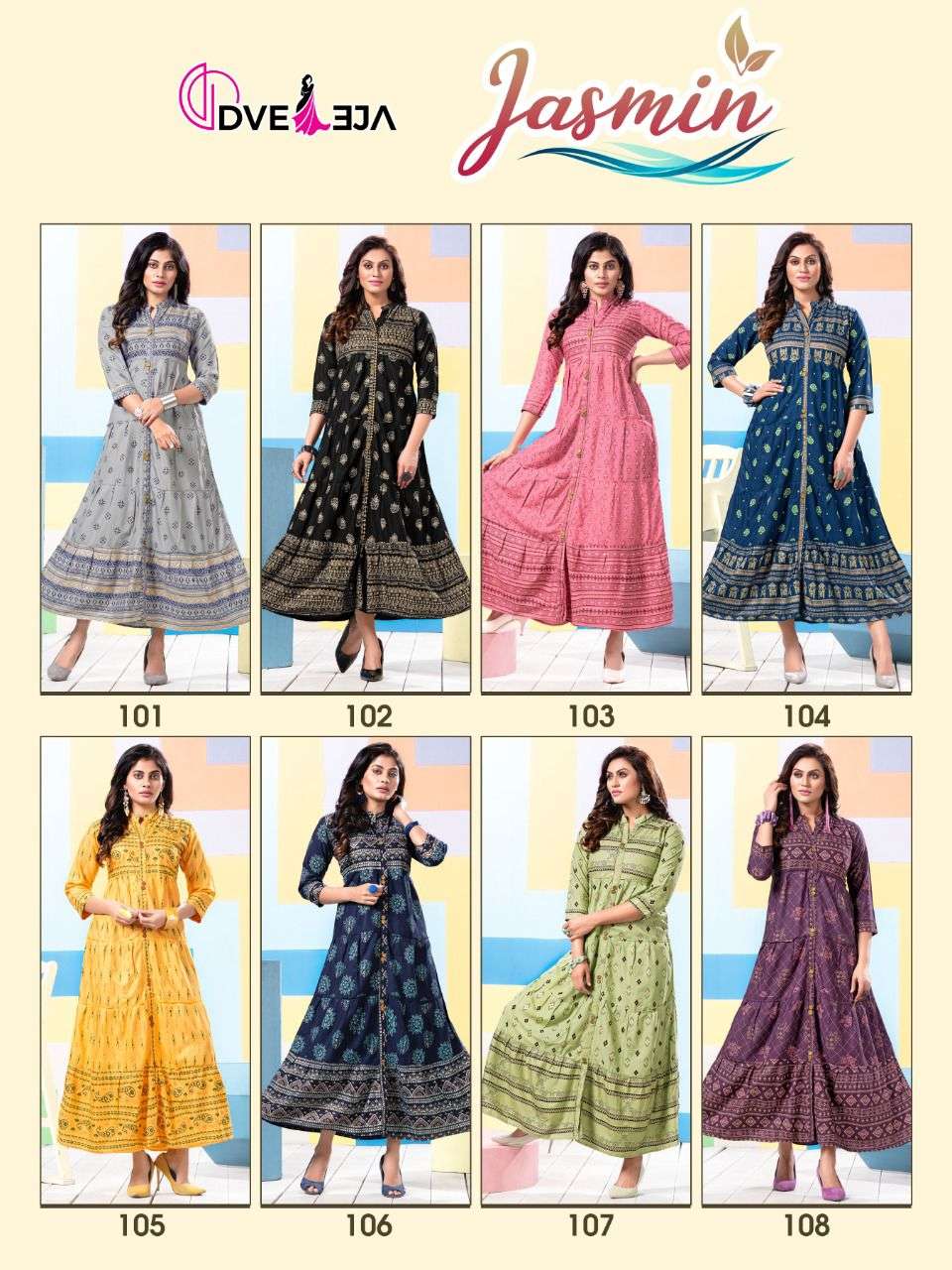 JASMIN BY DVEEJA 101 TO 108 SERIES DESIGNER STYLISH FANCY COLORFUL BEAUTIFUL PARTY WEAR & ETHNIC WEAR COLLECTION HEAVY RAYON KURTIS AT WHOLESALE PRICE