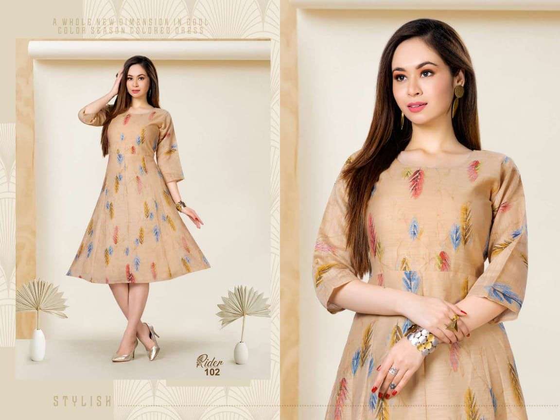 RIDER BY BEAUTY QUEEN 101 TO 106 SERIES DESIGNER STYLISH FANCY COLORFUL BEAUTIFUL PARTY WEAR & ETHNIC WEAR COLLECTION HEAVY CHANDERI PRINT KURTIS AT WHOLESALE PRICE