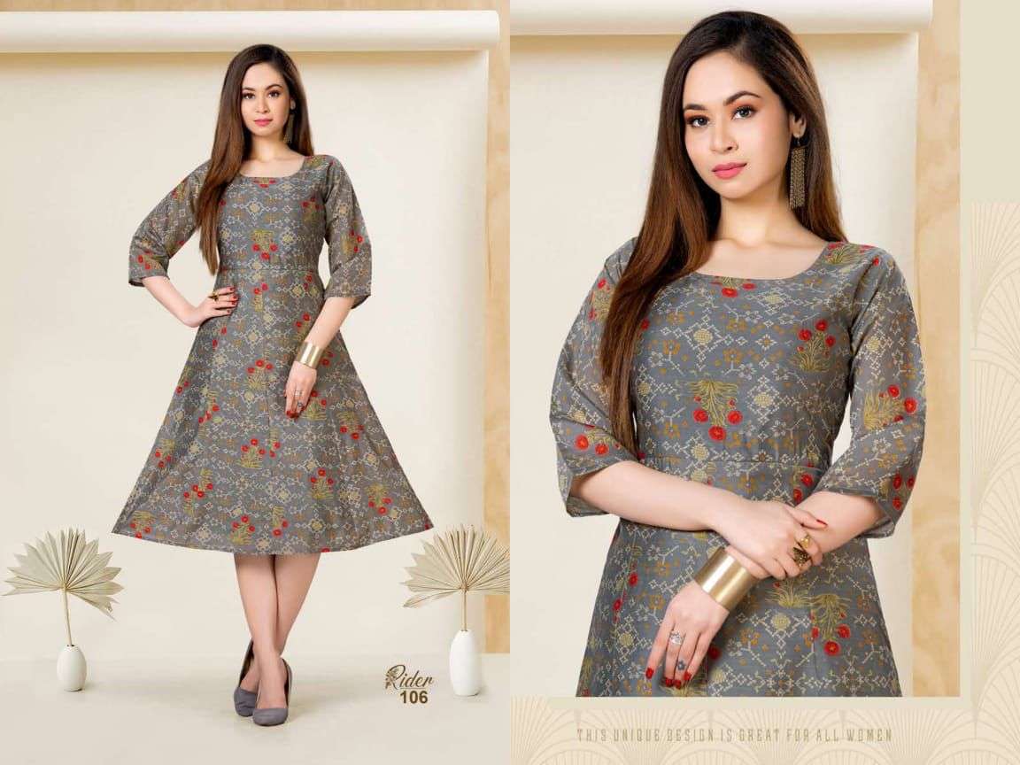 RIDER BY BEAUTY QUEEN 101 TO 106 SERIES DESIGNER STYLISH FANCY COLORFUL BEAUTIFUL PARTY WEAR & ETHNIC WEAR COLLECTION HEAVY CHANDERI PRINT KURTIS AT WHOLESALE PRICE
