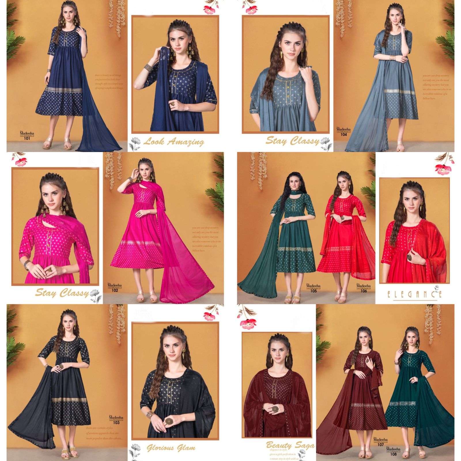 MADEEHA BY BEAUTY QUEEN 101 TO 108 SERIES BEAUTIFUL STYLISH FANCY COLORFUL CASUAL WEAR & ETHNIC WEAR RAYON FOIL PRINT WITH DUPATTA AT WHOLESALE PRICE