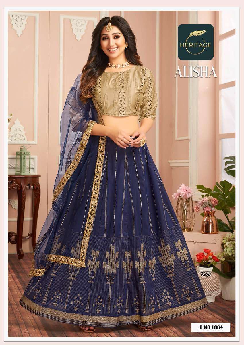 ALISHA BY HERITAGE 1001 TO 1006 SERIES DESIGNER BEAUTIFUL NAVRATRI COLLECTION OCCASIONAL WEAR & PARTY WEAR CHANDERI LEHENGAS AT WHOLESALE PRICE