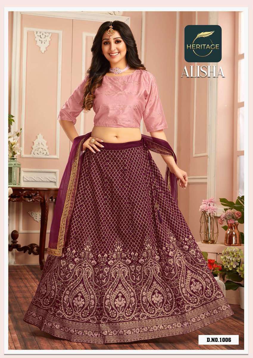 ALISHA BY HERITAGE 1001 TO 1006 SERIES DESIGNER BEAUTIFUL NAVRATRI COLLECTION OCCASIONAL WEAR & PARTY WEAR CHANDERI LEHENGAS AT WHOLESALE PRICE