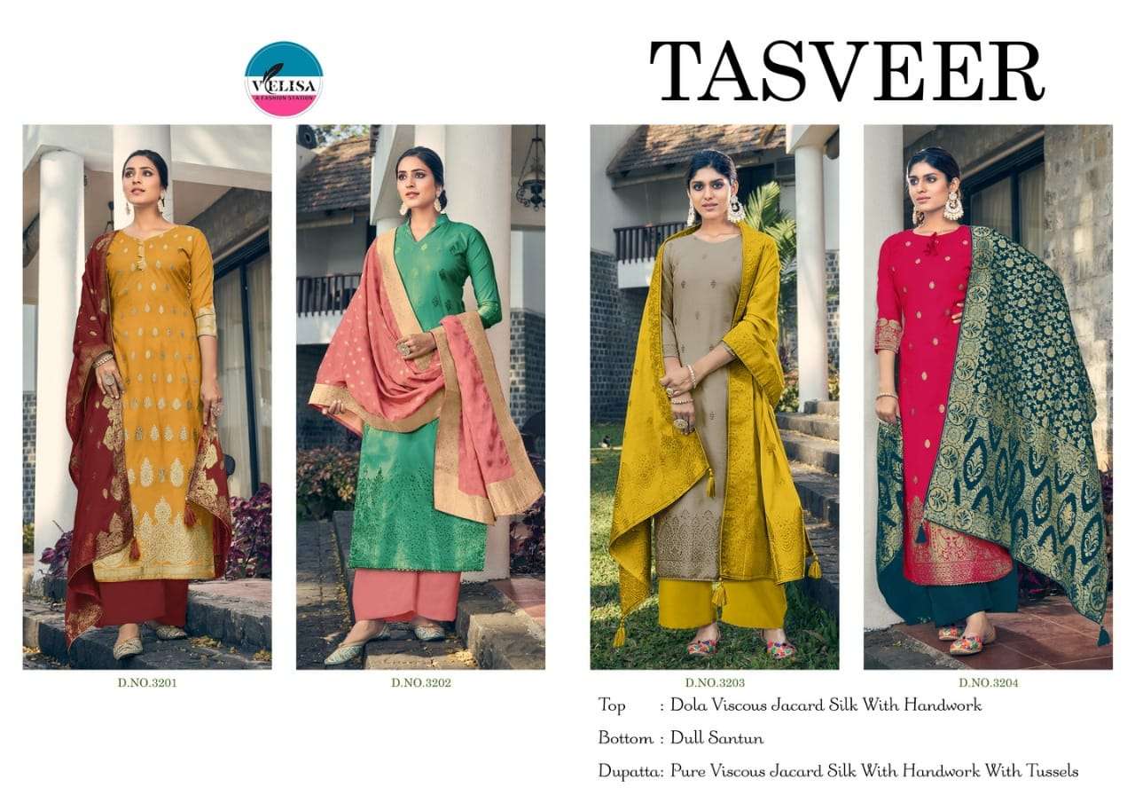 TASVEER BY VELISA 3201 TO 3204 SERIES BEAUTIFUL SUITS COLORFUL STYLISH FANCY CASUAL WEAR & ETHNIC WEAR DOLA VISCOSE JACQUARD SILK DRESSES AT WHOLESALE PRICE
