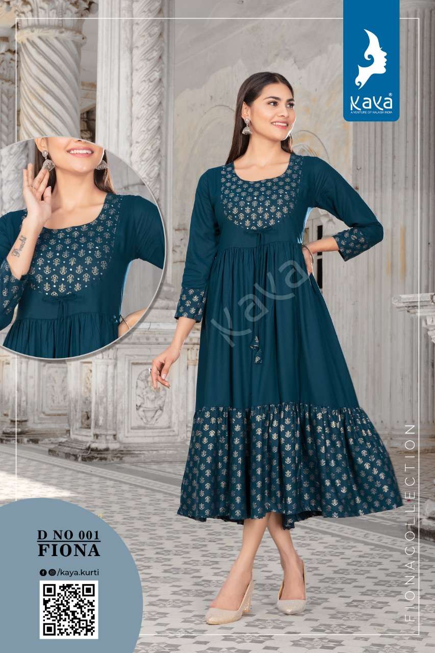 FIONA BY KAYA 001 TO 006 SERIES DESIGNER STYLISH FANCY COLORFUL BEAUTIFUL PARTY WEAR & ETHNIC WEAR COLLECTION RAYON GOLD PRINT KURTIS AT WHOLESALE PRICE