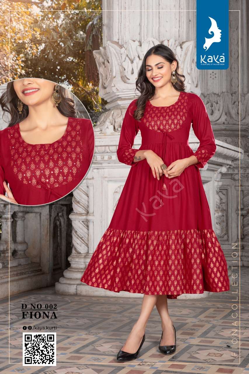 FIONA BY KAYA 001 TO 006 SERIES DESIGNER STYLISH FANCY COLORFUL BEAUTIFUL PARTY WEAR & ETHNIC WEAR COLLECTION RAYON GOLD PRINT KURTIS AT WHOLESALE PRICE