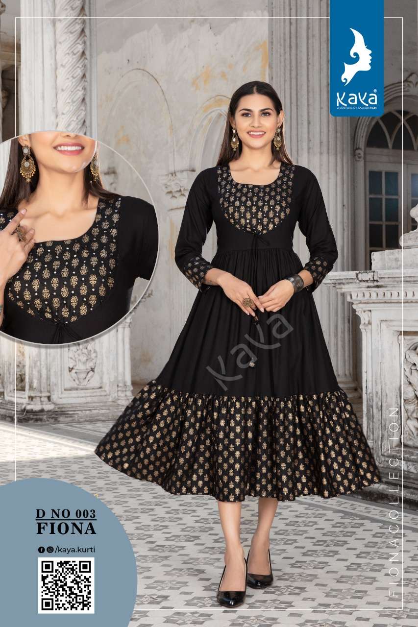 FIONA BY KAYA 001 TO 006 SERIES DESIGNER STYLISH FANCY COLORFUL BEAUTIFUL PARTY WEAR & ETHNIC WEAR COLLECTION RAYON GOLD PRINT KURTIS AT WHOLESALE PRICE