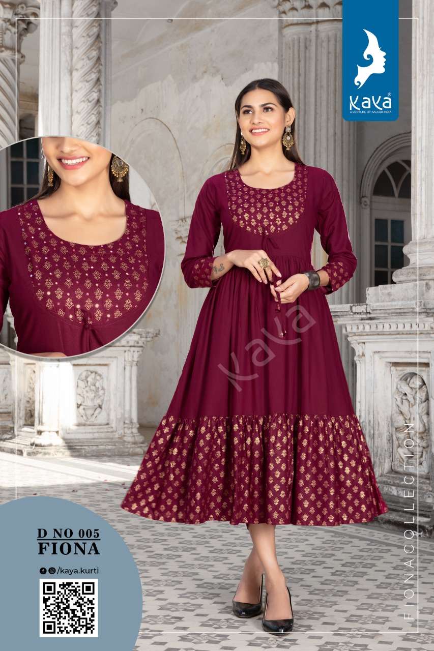 FIONA BY KAYA 001 TO 006 SERIES DESIGNER STYLISH FANCY COLORFUL BEAUTIFUL PARTY WEAR & ETHNIC WEAR COLLECTION RAYON GOLD PRINT KURTIS AT WHOLESALE PRICE