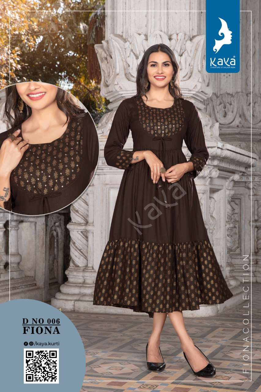 FIONA BY KAYA 001 TO 006 SERIES DESIGNER STYLISH FANCY COLORFUL BEAUTIFUL PARTY WEAR & ETHNIC WEAR COLLECTION RAYON GOLD PRINT KURTIS AT WHOLESALE PRICE