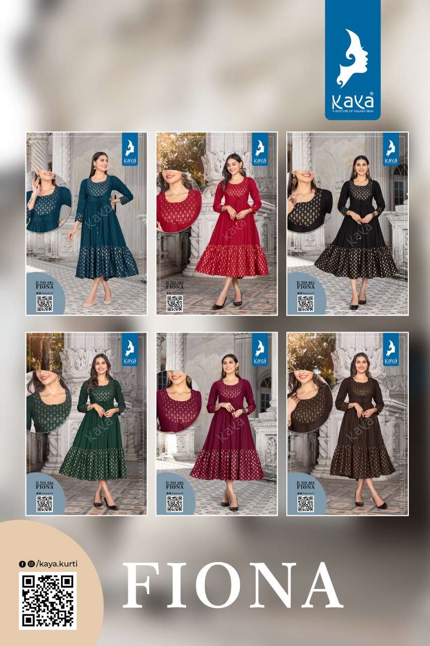 FIONA BY KAYA 001 TO 006 SERIES DESIGNER STYLISH FANCY COLORFUL BEAUTIFUL PARTY WEAR & ETHNIC WEAR COLLECTION RAYON GOLD PRINT KURTIS AT WHOLESALE PRICE