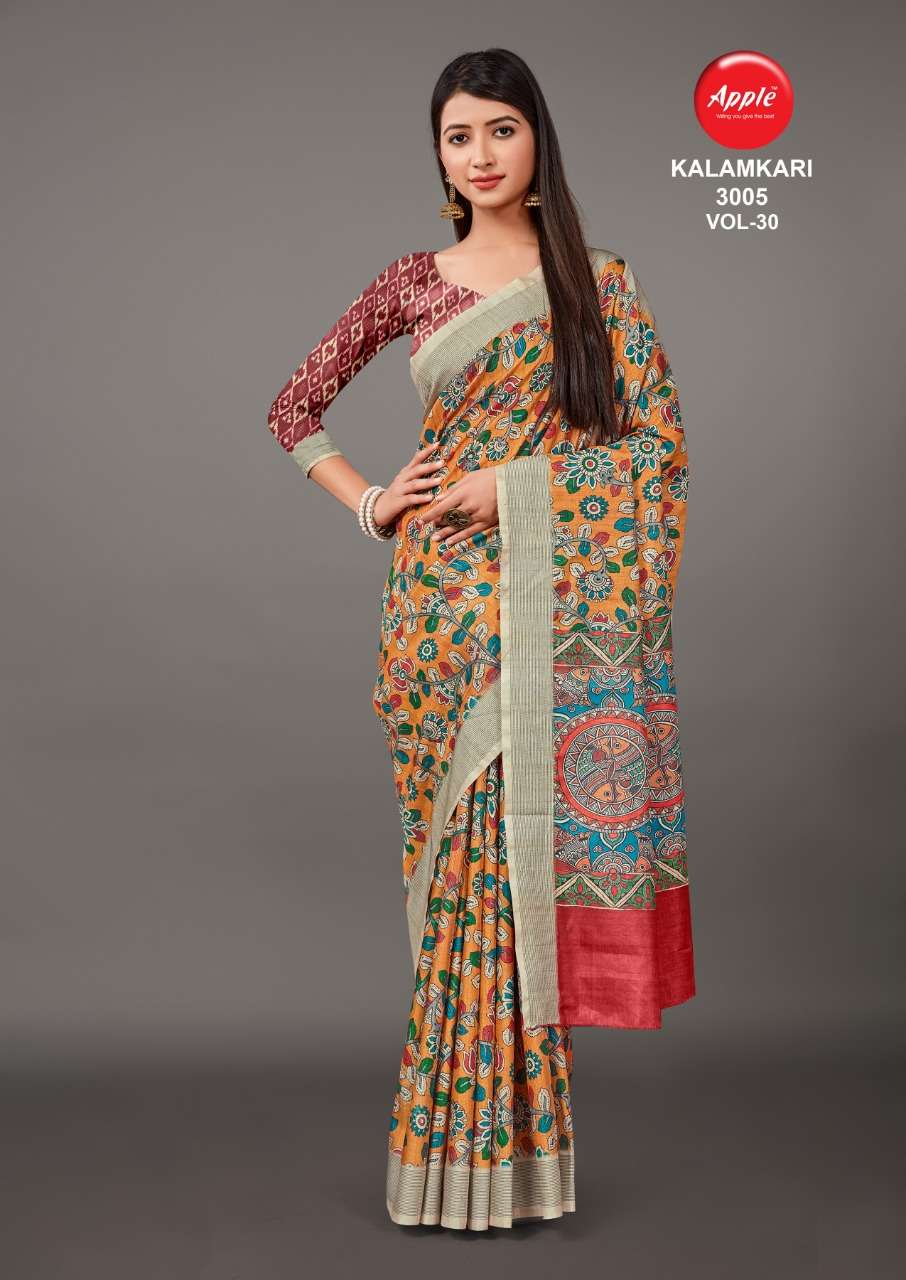 KALAMKARI VOL-30 BY APPLE 3001 TO 3008 SERIES INDIAN TRADITIONAL WEAR COLLECTION BEAUTIFUL STYLISH FANCY COLORFUL PARTY WEAR & OCCASIONAL WEAR MANIPURI SAREES AT WHOLESALE PRICE