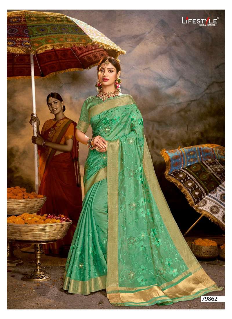 SUNNY DAYS BY LIFESTYLE 79861 TO 79866 SERIES INDIAN TRADITIONAL WEAR COLLECTION BEAUTIFUL STYLISH FANCY COLORFUL PARTY WEAR & OCCASIONAL WEAR ORGANZA SAREES AT WHOLESALE PRICE