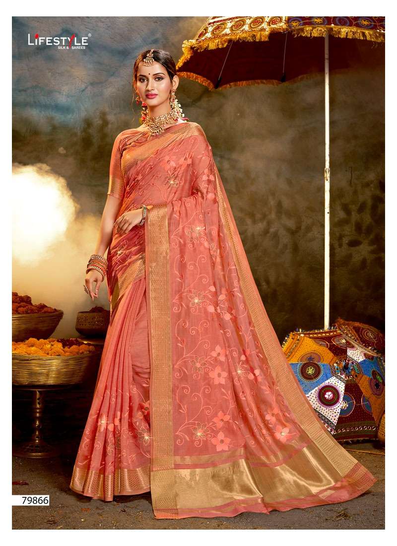 SUNNY DAYS BY LIFESTYLE 79861 TO 79866 SERIES INDIAN TRADITIONAL WEAR COLLECTION BEAUTIFUL STYLISH FANCY COLORFUL PARTY WEAR & OCCASIONAL WEAR ORGANZA SAREES AT WHOLESALE PRICE