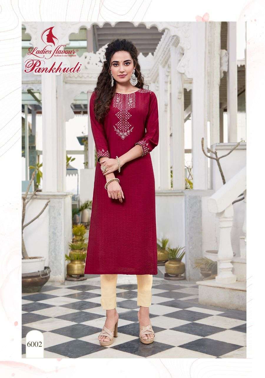 PANKHUDI BY LADIES FLAVOUR 6001 TO 6006 SERIES DESIGNER STYLISH FANCY COLORFUL BEAUTIFUL PARTY WEAR & ETHNIC WEAR COLLECTION PURE VISCOSE EMBROIDERY KURTIS AT WHOLESALE PRICE
